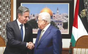  US Secretary of State Antony Blinken meets PA head Mahmoud Abbas in Ramallah, in February. The US mistakenly thinks that giving Palestinian leaders a vision for the future of two states will do away with the Palestinian desire to eliminate Israel, says the writer.