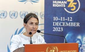 Rachel Goldberg, the U.S.-Israeli mother of Hersh Goldberg Polin, who was taken hostage by militants of the Palestinian Islamist group Hamas from the Gaza Strip during the October 7 attack on a music festival in south Israel, addresses the media on the sidelines of an event commemorating the 75th An