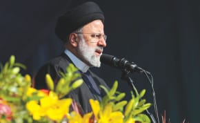  IRANIAN PRESIDENT Ebrahim Raisi delivers a speech marking the 45th anniversary of the Islamic Revolution, in Tehran, in February 2024.