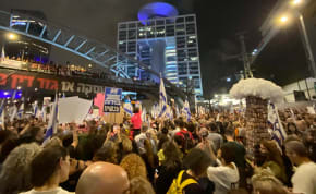 Demonstrators rally on Kaplan street in Tel Aviv calling for elections and the release of hostages, April 27, 2024. 