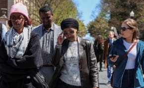US Democratic House Representative Ilhan Omar (D-MN), walks toward the campus exit after visiting the protest encampment supporting Palestinians at Columbia University campus, during the ongoing conflict between Israel and the Palestinian Islamist group Hamas, in New York City, US, April 25, 2024.