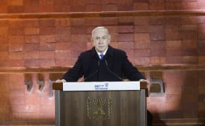  Prime Minister Benjamin Netanyahu gives his speech at the Holocaust Remeberance Day ceremony held at Yad Vashem on May 5, 2024.