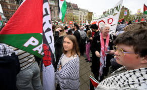  Climate activist Greta Thunberg takes part in the Stop Israel demonstration against Israel's participation in the 68th edition of the Eurovision Song Contest (ESC) in Malmo, Sweden, May 9, 2024. 