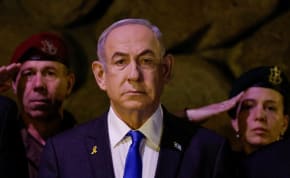  Israeli Prime Minister Benjamin Netanyahu attends a wreath-laying ceremony marking Holocaust Remembrance Day in the Hall of Remembrance at Yad Vashem, the World Holocaust Remembrance Centre, in Jerusalem, May 6, 2024. 