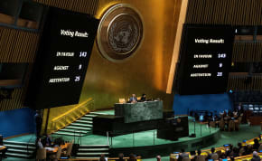  Screens show the voting result during the United Nations General Assembly vote on a draft resolution that would recognize the Palestinians as qualified to become a full U.N. member, in New York City, US May 10, 2024.