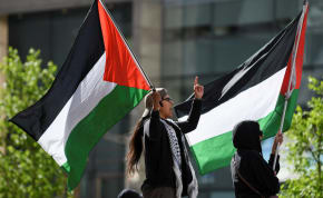  Protesters wave Palestinian flags as students and workers hold a pro-Palestinian rally outside MIT's Stata Center, demanding MIT divest from Israel, among other demands, in Cambridge, Massachusetts, U.S. May 9, 2024.