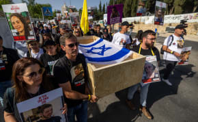  Relatives of Israelis held hostage by Hamas terrorists in Gaza protest march for their release near the Knesset, the Israeli Parliament in Jerusalem, May 9, 2024.