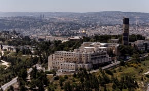  An aerial view shows the Dome of the Rock in front and the Hebrew University of Jerusalem, in Jerusalem, April 26, 2023.