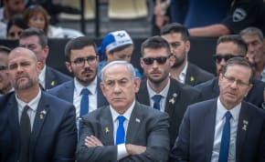  Israeli Prime Minister Benjamin Netanyahu, speaker of the Knesset Amir Ohana and Israeli president Isaac Herzog at a state memorial ceremony for victims of terror, at Mount Herzl military cemetery in Jerusalem, May 13, 2024, during Memorial Day.