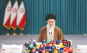  IRAN’S SUPREME Leader Ayatollah Ali Khamenei speaks after he votes during runoff parliamentary elections, in Tehran, last Friday. Iran’s regime and its theocratic governance are evidently on a decline, the writer asserts. 