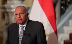 Egyptian Foreign Minister Sameh Shoukry attends a press conference with French Minister for Europe and Foreign Affairs Stephane Sejourne and Jordanian Foreign Minister Ayman Safadi following a meeting discussing the conflict between Israel and the Palestinian Islamist group Hamas, at Tahrir Palace, 
