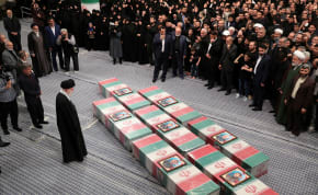  Iran's Supreme Leader, Ayatollah Ali Khamenei looks at the coffins of members of the Islamic Revolutionary Guard Corps who were killed in the Israeli airstrike on the Iranian embassy complex in the Syrian capital Damascus, during a funeral ceremony in Tehran, Iran April 4, 2024. 