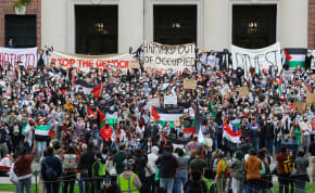  Demonstrators take part in an "Emergency Rally: Stand with Palestinians Under Siege in Gaza," amid the ongoing conflict between Israel and the Palestinian Islamist group Hamas, at Harvard University in Cambridge, Massachusetts, U.S., October 14, 2023. 