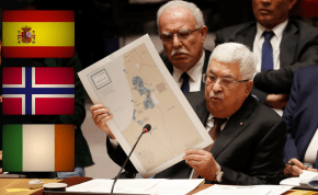Flags of Spain, Norway and Ireland seen as Mahmoud Abbas speaks at the United Nations (illustrative)
