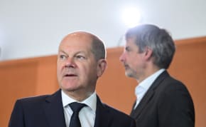  German Chancellor Olaf Scholz and German Federal Government Spokesman and Head of the Federal Government's Press and Information Office Steffen Hebestreit attend the weekly cabinet meeting at the Chancellery in Berlin, Germany June 7, 2023.