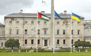 PALESTINIAN, EU, Ukrainian, and Irish flags flutter, after Ireland has announced it will recognize a Palestinian state, outside Leinster House in Dublin, on May 28. 