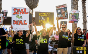Supporters and families of hostages, who were kidnapped during the deadly October 7 attack by Palestinian Islamist group Hamas, rally demanding the release of hostages as part of a deal being advanced by U.S. President Joe Biden, outside the U.S. consulate in Tel Aviv, Israel June 3, 2024. 
