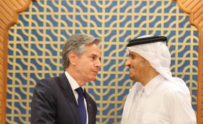  US Secretary of State Antony Blinken and Qatar's Prime Minister and Foreign Minister Sheikh Mohammed Bin Abdulrahman al-Thani shake hands at their joint press conference in Doha, Qatar, June 12, 2024.