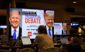  Media crews work at the press room in the McCamish Pavilion on the Georgia Institute of Technology campus ahead of the first 2024 presidential debate.