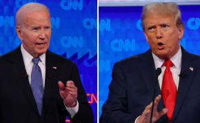  Democratic Party presidential candidate US President Joe Biden and Republican presidential candidate former US President Donald Trump speak during a presidential debate in Atlanta, Georgia, US, June 27, 2024 in a combination photo.