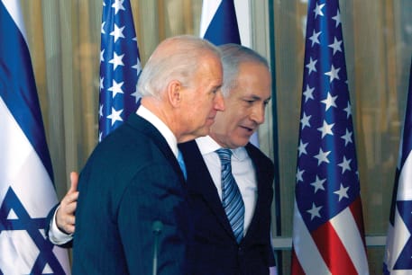 Prime Minister Benjamin Netanyahu and then-US vice president Joe Biden leave after a joint statement to the media at the Prime Minister’s Residence in Jerusalem on March 9, 2010.