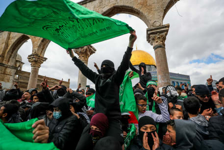  Palestinians protest after Friday prayers of the holy month of Ramadan, at the Al Aqsa Mosque Compound in Jerusalem's Old City, March 31, 2023. 