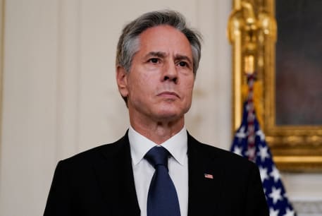  U.S. Secretary of State Antony Blinken looks on, as U.S. President Joe Biden (not pictured) speaks about the conflict in Israel, after Hamas launched its biggest attack in decades, while making a statement about the crisis, at the White House in Washington, U.S. October 7, 2023
