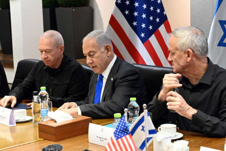 Defense Minister Yoav Gallant, Prime Minister Benjamin Netanyahu, and National Unity Head Benny Gantz, Octover 12, 2023.