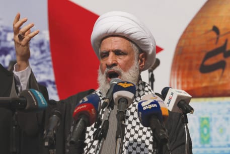  HEZBOLLAH DEPUTY leader Sheikh Naim Qassem speaks in Beirut, at a rally supporting Palestinians in Gaza