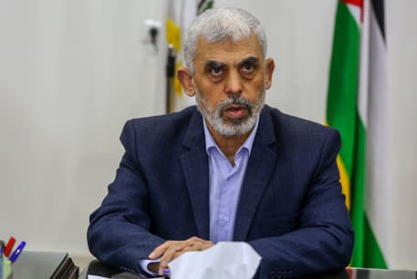  Yahya Sinwar leader of the Palestinian Hamas Islamist movement hosts a meeting with members of Palestinian factions, at Hamas President's office in Gaza City, on April 13, 2022.