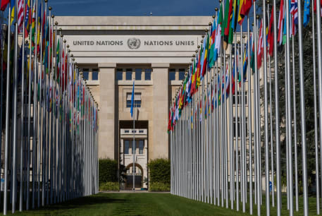  The flag alley at the United Nations European headquarters is seen during the Human Rights Council in Geneva, Switzerland, September 11, 2023. 
