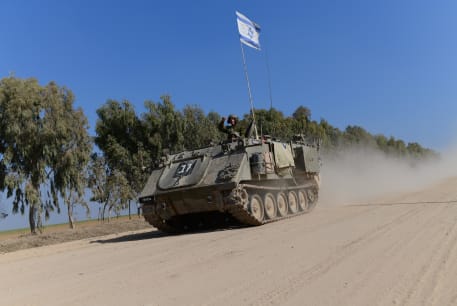  IDF armored forces at a staging area in southern Israel near the border with Gaza. January 01, 2024.