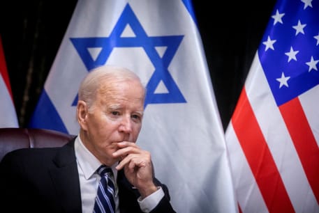  U.S. President Joe Biden pauses during a meeting with Israeli Prime Minister Benjamin Netanyahu to discuss the ongoing conflict between Israel and Hamas, in Tel Aviv, Israel, Wednesday, Oct. 18, 2023. 