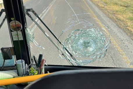  Wind shield of a bus hit by terrorist fire in the Jordan Valley, March 28, 2024.