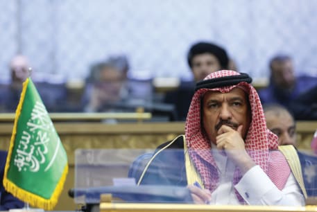  SAUDI ARABIA’S Ambassador to Iran, Abdullah bin Saud al-Anzi attends the Tehran International Conference on Palestine, in December. If Riyadh needed a display of just how valuable it can be to have a US defense guarantee, it just got one, says the writer. 