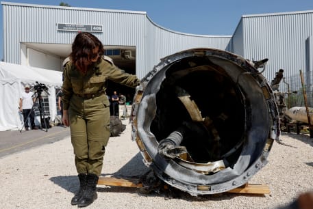 The IDF displays an Iranian ballistic missile which they retrieved from the Dead Sea after Iran launched drones and missiles towards Israel, at Julis military base, in southern Israel April 16, 2024.