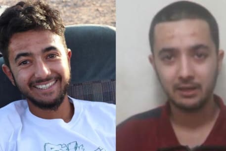 A photo of Hersh Goldberg-Polin next to a screenshot from a video released by Hamas showing him in captivity.