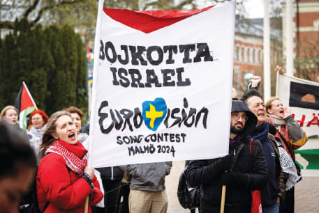  DEMONSTRATORS IN Malmo, Sweden, protest Israel’s participation in the Eurovision, earlier this month. 