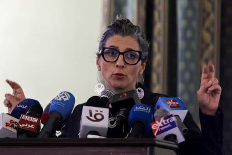  Francesca Albanese, UN special rapporteur on human rights in the Palestinian territories, attends a press conference following a meeting with Egyptian delegations to discuss the situation in the Palestinian territories, amid the conflict between Israel and Hamas, in Cairo. April 25, 2024.