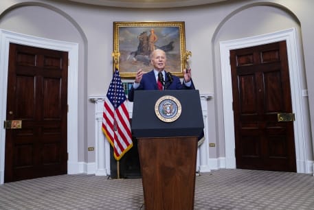  US President Joe Biden speaks about student protests at US universities, amid the ongoing conflict between Israel and Hamas, during brief remarks in the Roosevelt Room at the White House in Washington, US, May 2, 2024.
