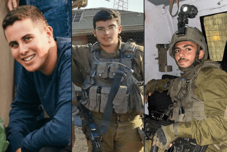 (From left-to-right) IDF soldiers Tal Shavit, Ido Testa, and Ruben Marc Mordechai Assouline who were killed in the Hamas rocket attack on the Kerem Shalom area. May 5, 2024