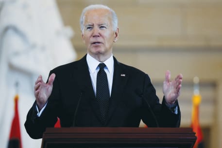  US PRESIDENT Joe Biden addresses the US Holocaust Memorial Museum’s Annual Days of Remembrance ceremony, at the Capitol building in Washington, earlier this month. 