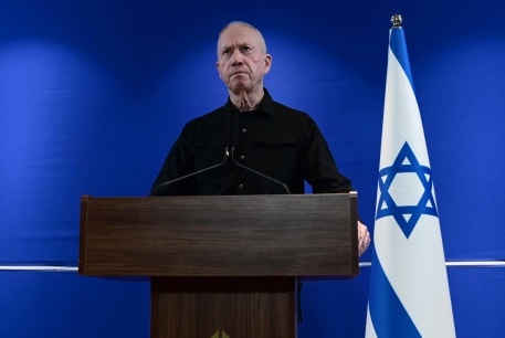 Defence Minister Yoav Gallant speaks during a press conference at Hakirya base in Tel Aviv on May 15, 2024.