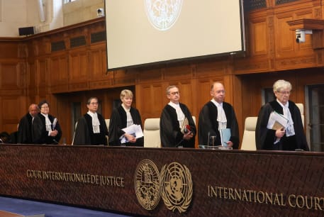  Judges arrive at the International Court of Justice at the start of a hearing where South Africa requests new emergency measures over Israel's attacks on Rafah, as part of an ongoing case South Africa filed at the ICJ in December last year, The Hague, Netherlands May 17, 2024. 