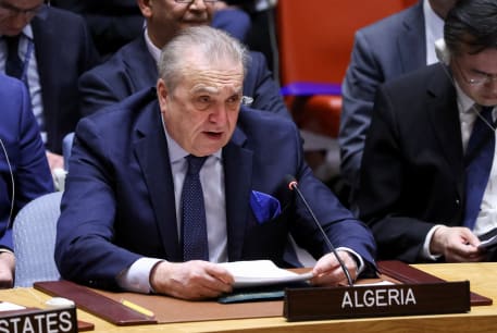 Algeria’s Representative to the United Nations Amar Bendjama addresses the Security Council on the day of a vote on a Gaza resolution that demands an immediate ceasefire for the month of Ramadan leading to a permanent sustainable ceasefire, and the immediate and unconditional release of all hostages