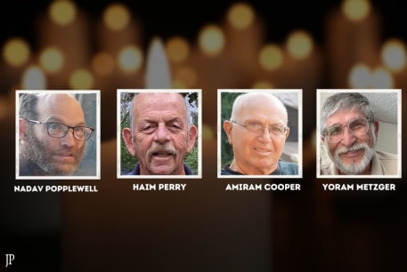  (L-R) Nadav Popplewell, Haim Perry, Amiram Cooper, and Yoram Metzger. Four hostages that the IDF confirmed as dead in Hamas captivity, June 3, 2024.