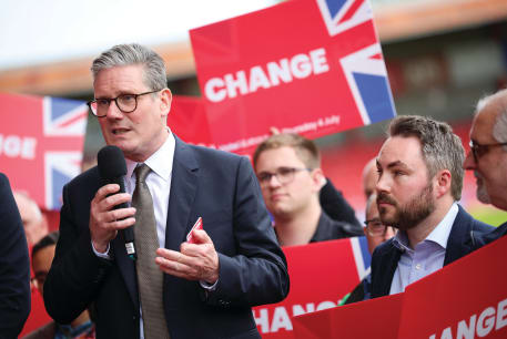  BRITAIN’S LABOUR PARTY leader Keir Starmer speaks at a campaign event, last week. All indications are that Labour will sweep the board with a resounding win, and that Starmer will be Britain’s next prime minister, the writer notes.