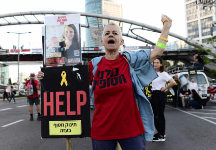  Demonstrators protest calling for the release of Israeli hostages held in the Gaza Strip