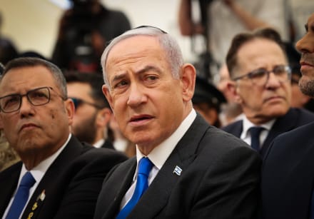 Prime Minister Benjamin Netanyahu speaks during Israeli Remembrance Day for fallen soldiers