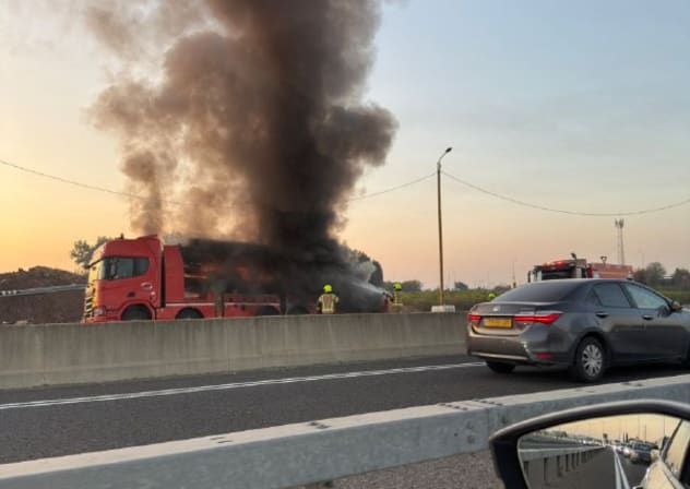 A truck on fire along Highway 1, near Ben-Gurion Airport, November 18, 2025.